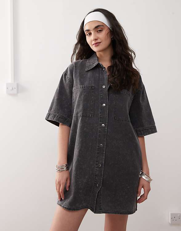 asos Noisy May denim mini shirt dress in washed grey