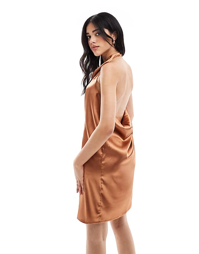 Asos Object Halter Neck Mini Slip Dress In Spice Brown