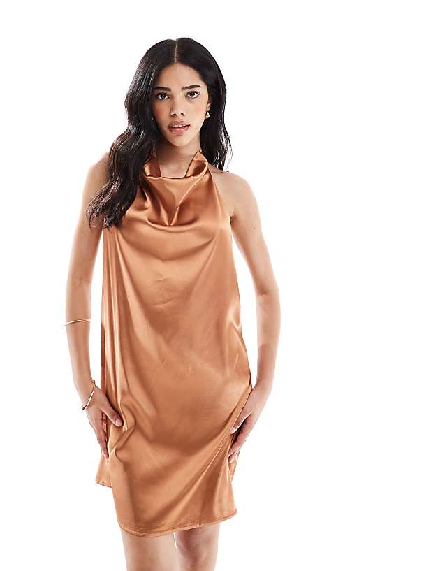 asos Object halter neck mini slip dress in spice brown