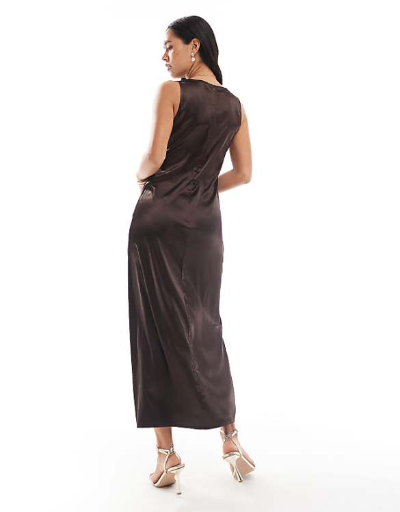 Asos Object High Neck Textured Satin Maxi Dress In Chocolate