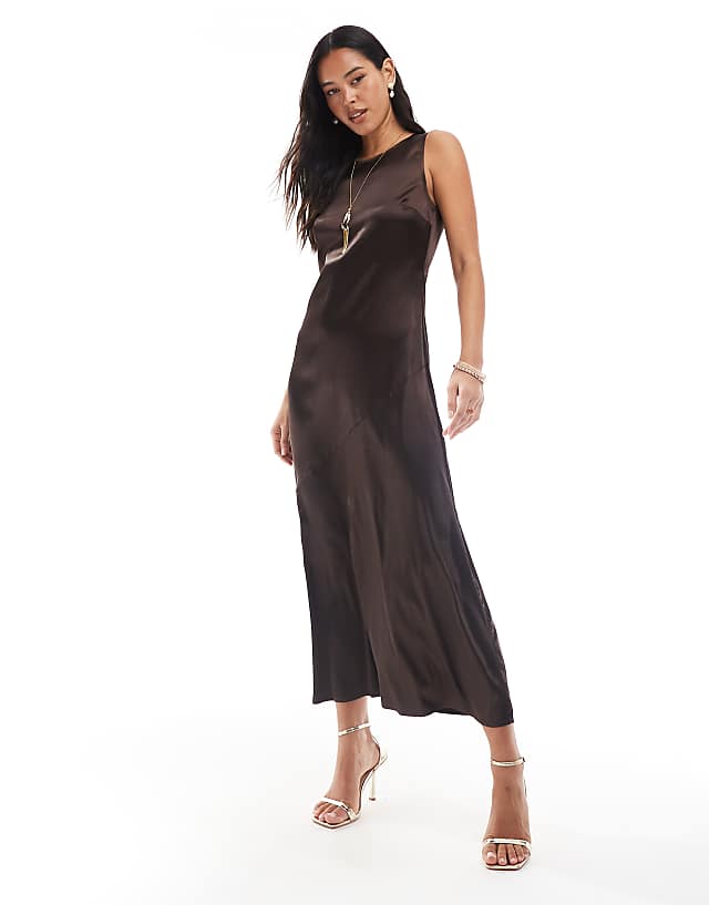asos Object high neck textured satin maxi dress in chocolate