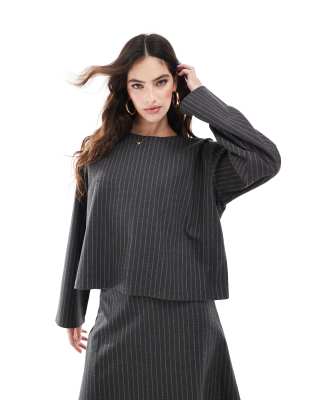 Asos Object Volume Midi Skirt And Long Sleeved Top Co-ord In Grey Pinstripe