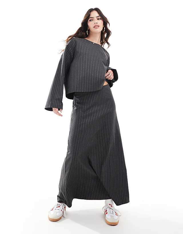 asos Object volume midi skirt and long sleeved top co-ord in grey pinstripe