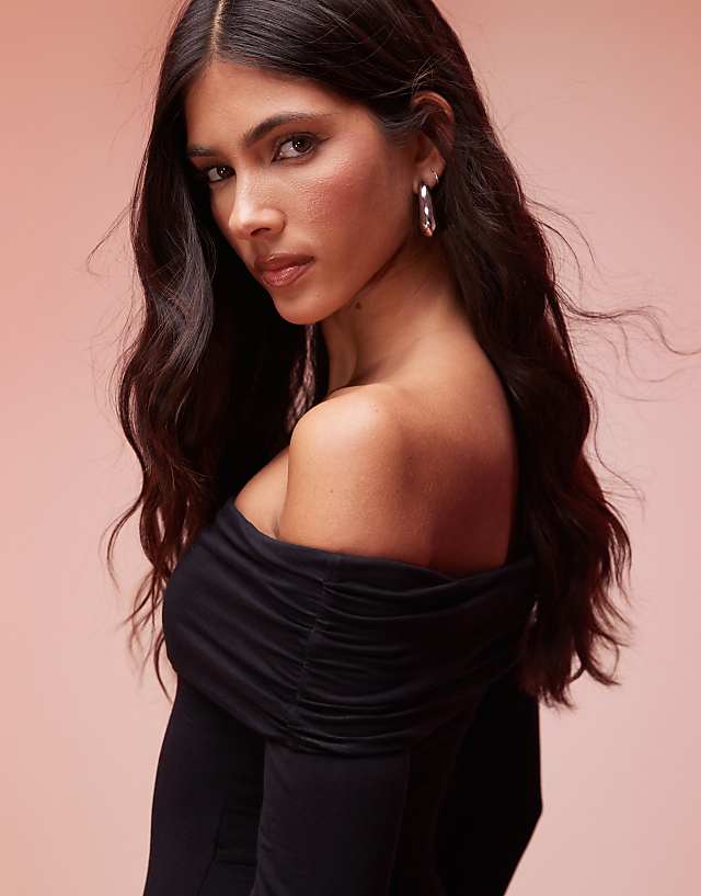 Asos Oh Polly Agnesa Modal Off Shoulder Ruched Jumpsuit In Black