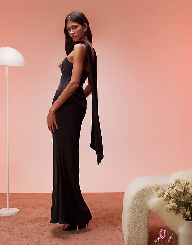 Asos Oh Polly Mandia Scarf Detail Strapless Maxi Dress In Black