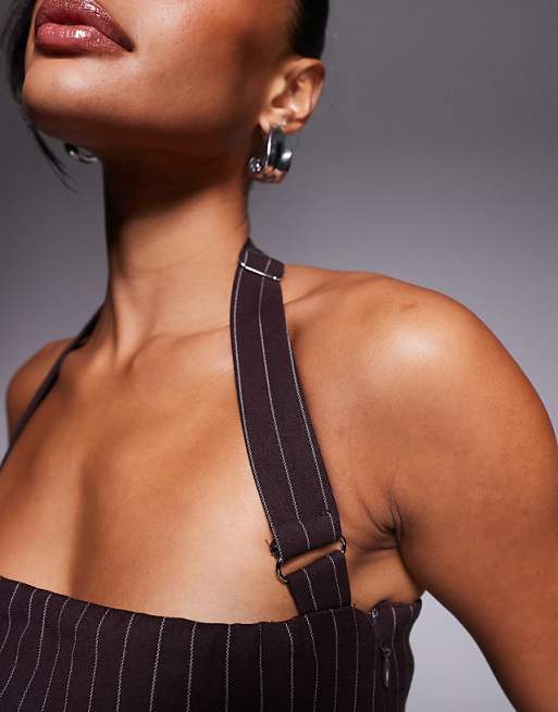 Asos Oh Polly Odessa Pinstripe Halterneck Structured Mini Dress In Chocolate Brown