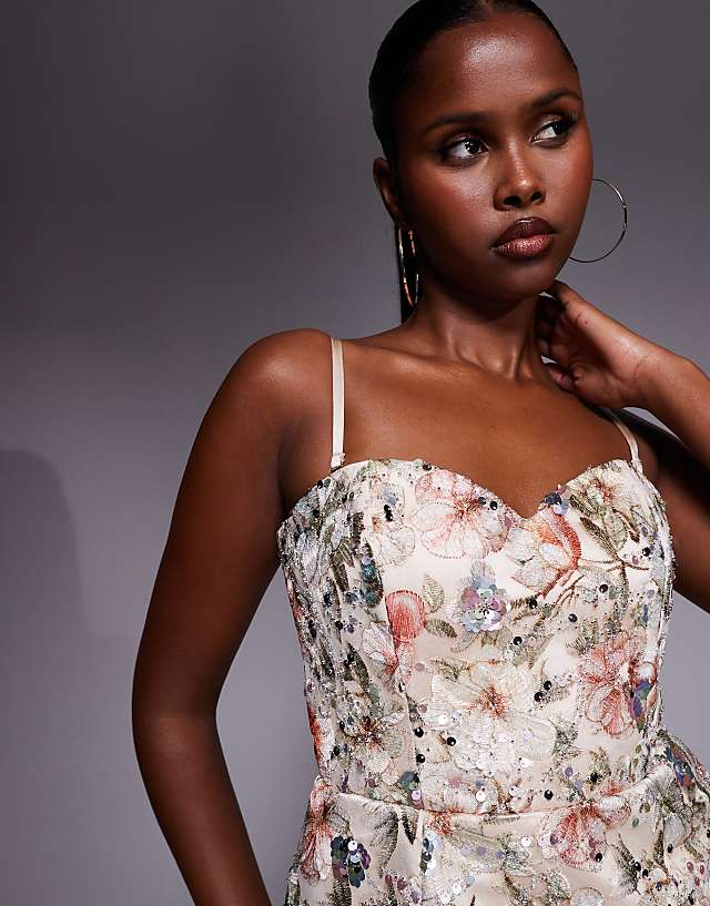 Asos Oh Polly Strapless Floral Embroidered Mini Dress In Beige