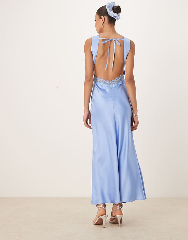 Asos OMNES Aurelia Satin Lace Trim Maxi Dress In Blue