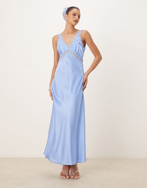 asos OMNES Aurelia Satin Lace Trim Maxi Dress in blue