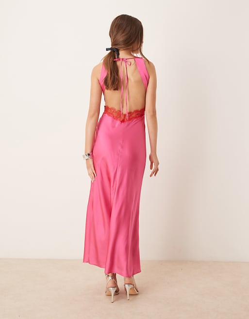 Asos OMNES Aurelia Satin Lace Trim Maxi Dress In Magenta