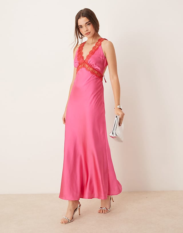 asos OMNES Aurelia Satin Lace Trim Maxi Dress in Magenta