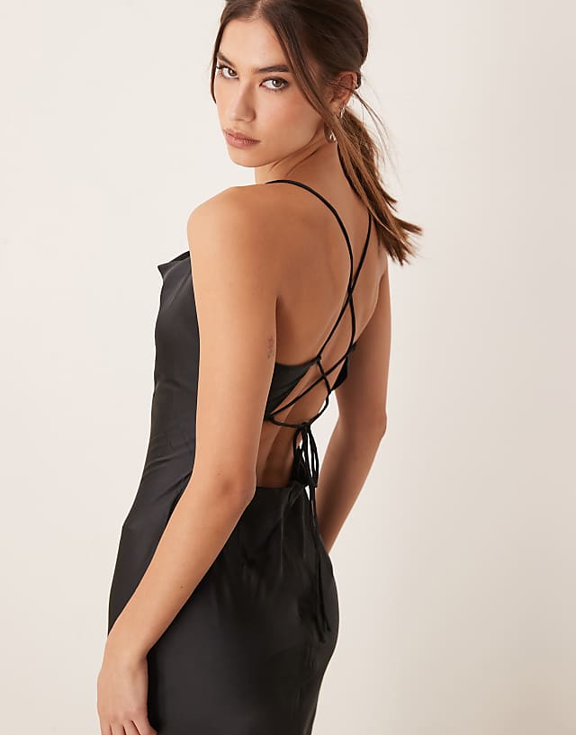 Asos OMNES Ginny Maxi Strappy Satin Slip Dress In Black
