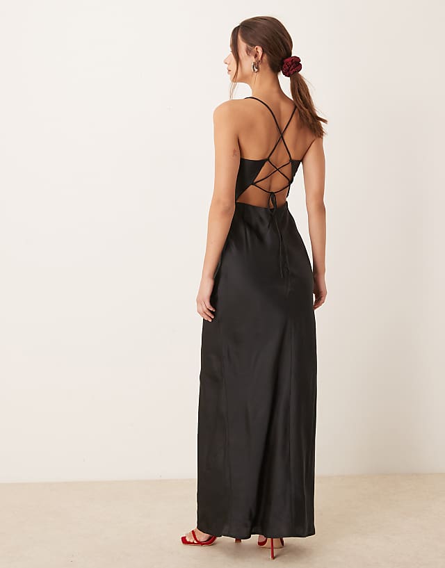 Asos OMNES Ginny Maxi Strappy Satin Slip Dress In Black