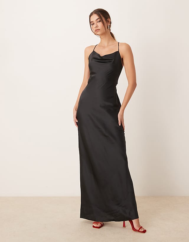 asos OMNES Ginny Maxi Strappy satin Slip Dress in Black