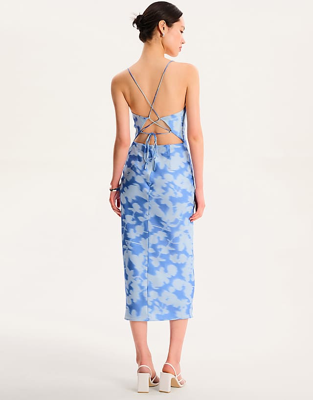 Asos OMNES Riviera Floral Lace-up Back Midi Dress In Blue