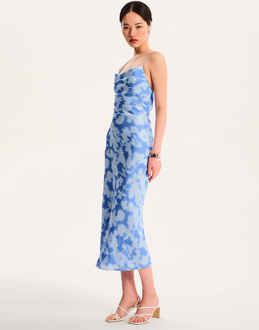 Asos OMNES Riviera Floral Lace-up Back Midi Dress In Blue