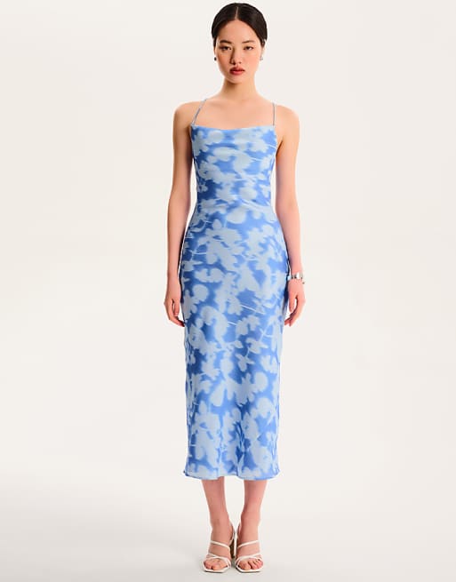 asos OMNES Riviera floral lace-up back midi dress in blue