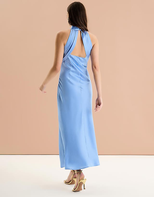 Asos OMNES Seychelles Back Detail Satin Midi Dress In Blue