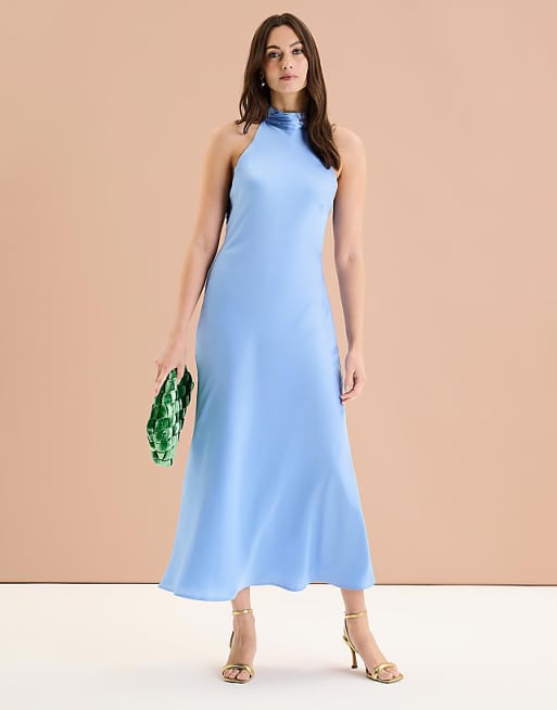 Asos OMNES Seychelles Back Detail Satin Midi Dress In Blue