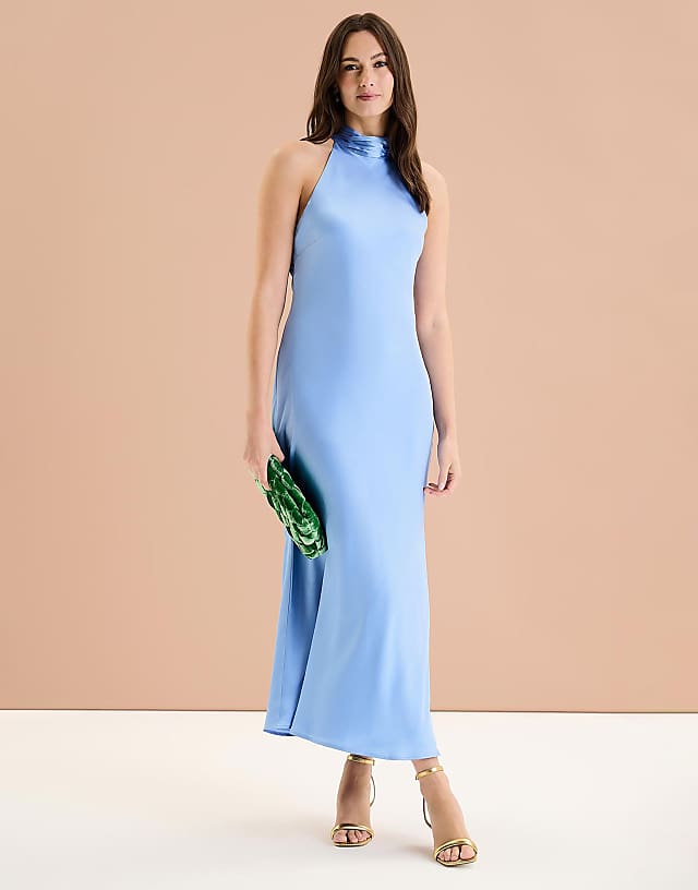 asos OMNES Seychelles Back Detail Satin Midi Dress in blue