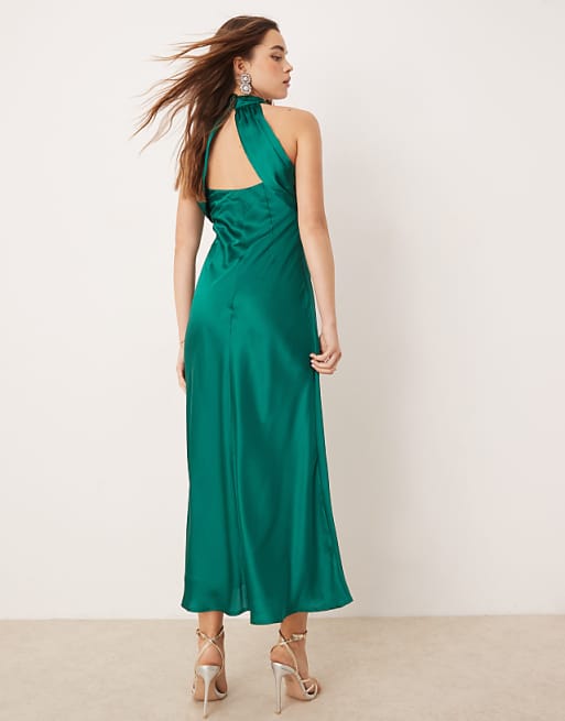 Asos OMNES Seychelles Back Detail Satin Midi Dress In Green