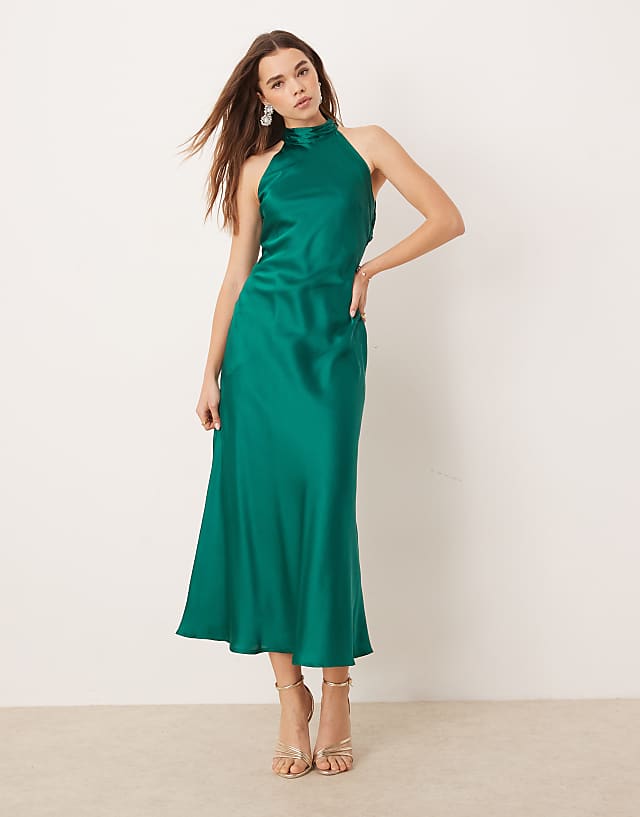 Asos OMNES Seychelles Back Detail Satin Midi Dress In Green