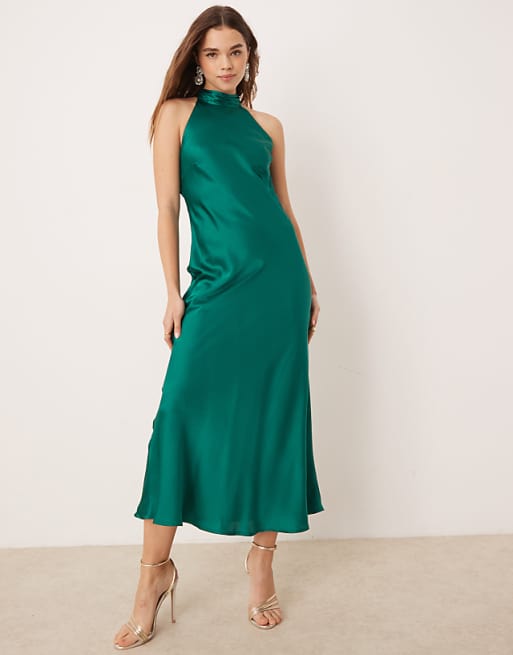 asos OMNES Seychelles Back Detail Satin Midi Dress in Green