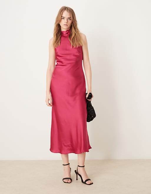 Asos OMNES Seychelles Back Detail Satin Midi Dress In Magenta
