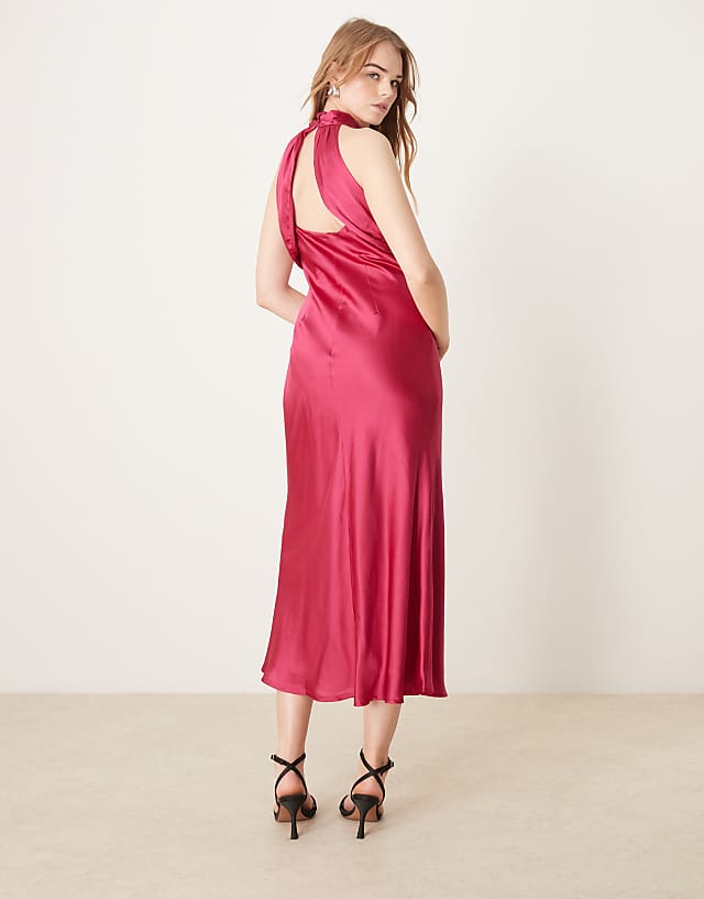Asos OMNES Seychelles Back Detail Satin Midi Dress In Magenta