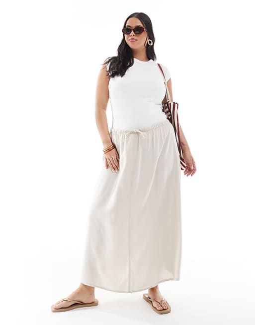 asos ONLY Curve linen mix high waist maxi skirt in stone