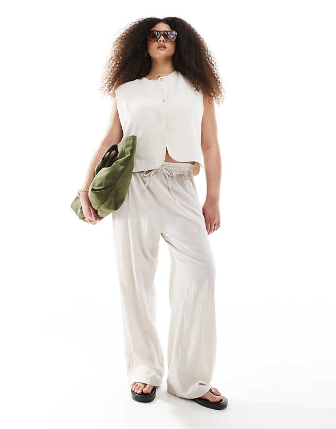 asos ONLY Curve linen mix pull on trousers in beige