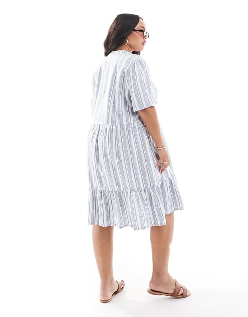 Asos ONLY Curve Linen Mix V-neck Mini Dress In Light Blue Stripes