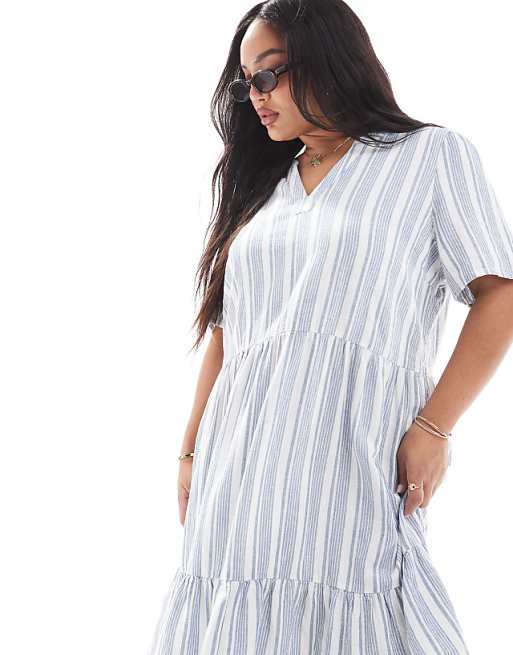 Asos ONLY Curve Linen Mix V-neck Mini Dress In Light Blue Stripes