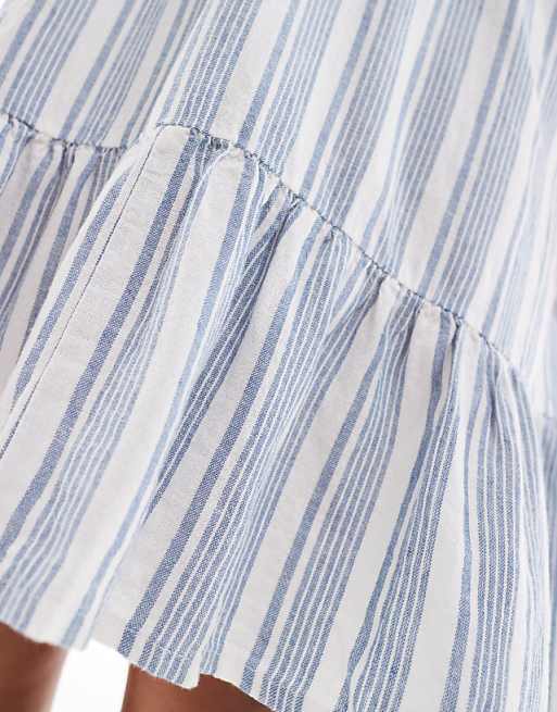 Asos ONLY Curve Linen Mix V-neck Mini Dress In Light Blue Stripes