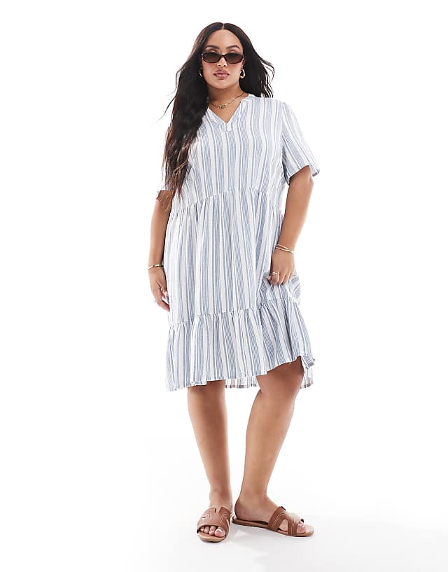 asos ONLY Curve linen mix v-neck mini dress in light blue stripes