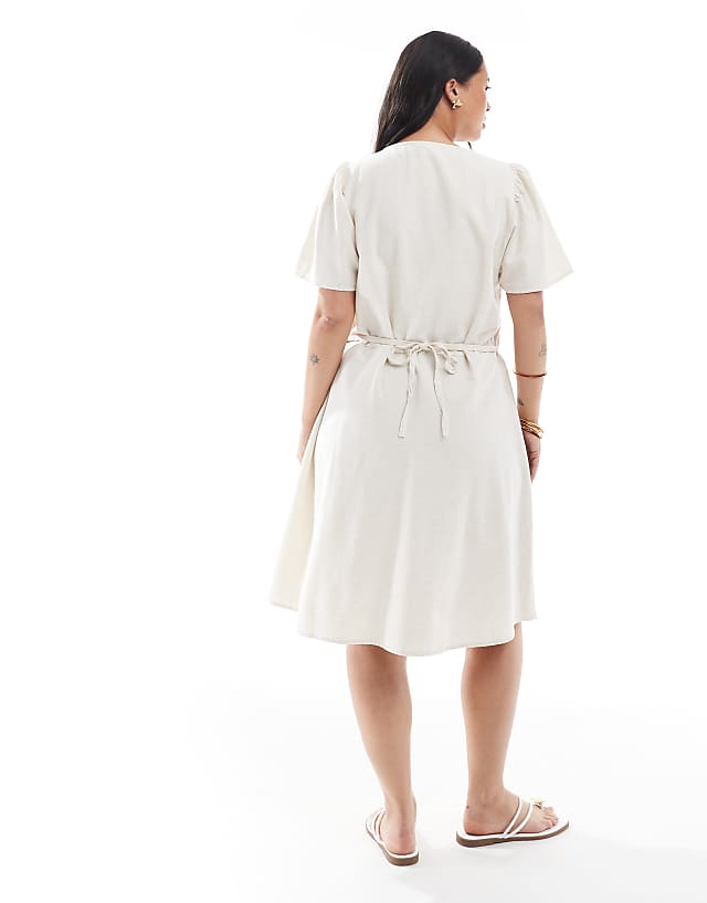 Asos ONLY Curve Tie Detail Mini Dress With Linen In Stone