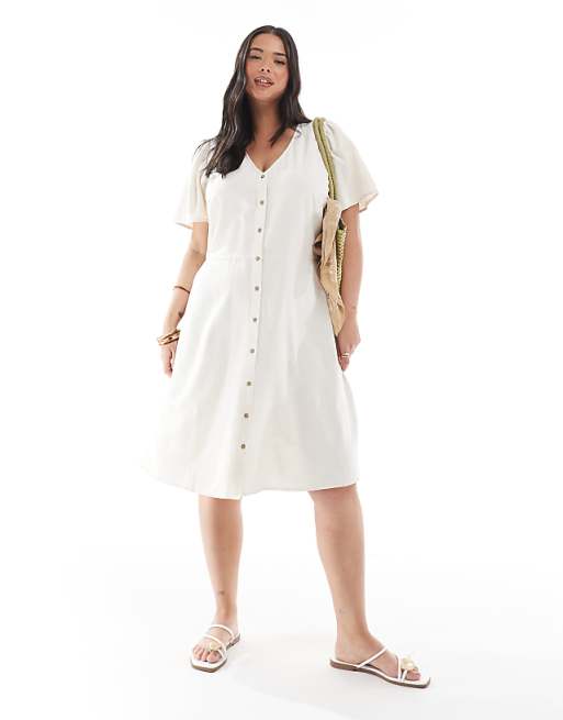 Asos ONLY Curve Tie Detail Mini Dress With Linen In Stone