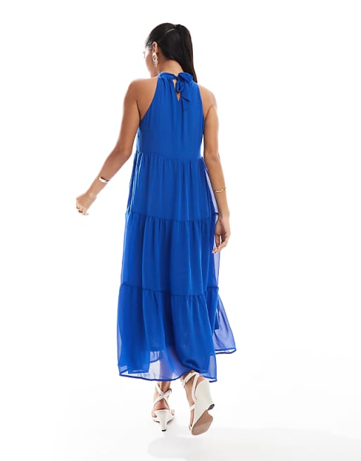 Asos ONLY Halterneck Tiered Maxi Dress In Bright Blue