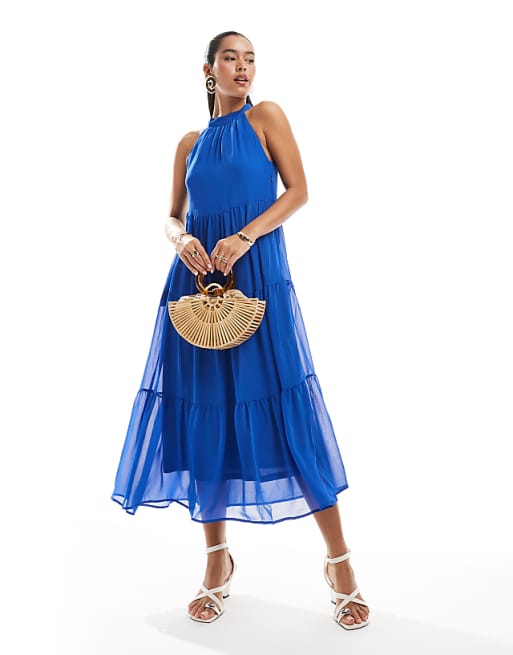 asos ONLY halterneck tiered maxi dress in bright blue