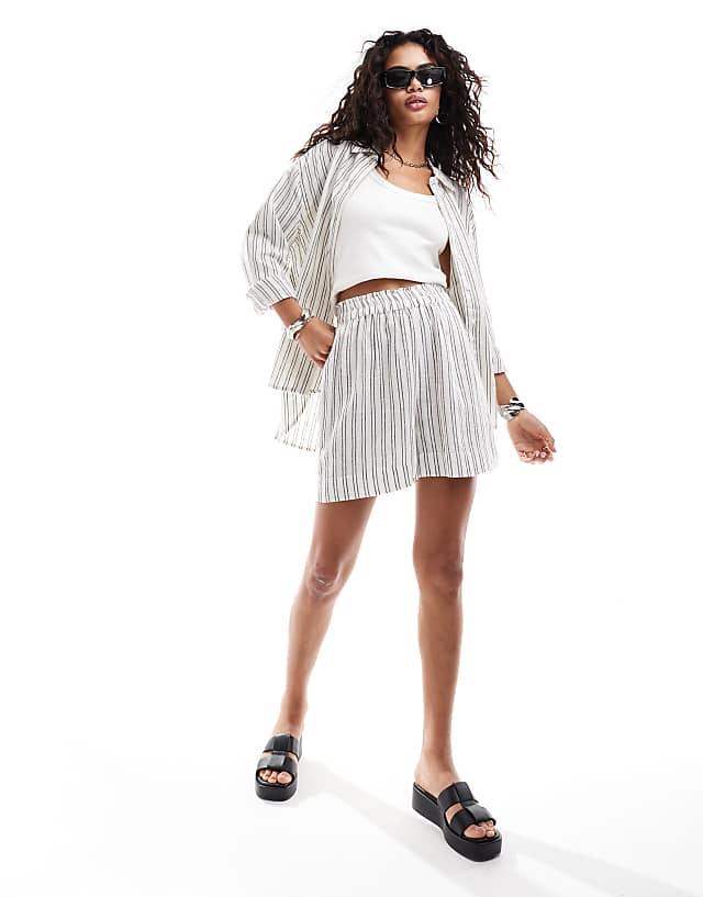 Asos ONLY Linen Mix Oversized Shirt Co-ord In White With Grey Stripe