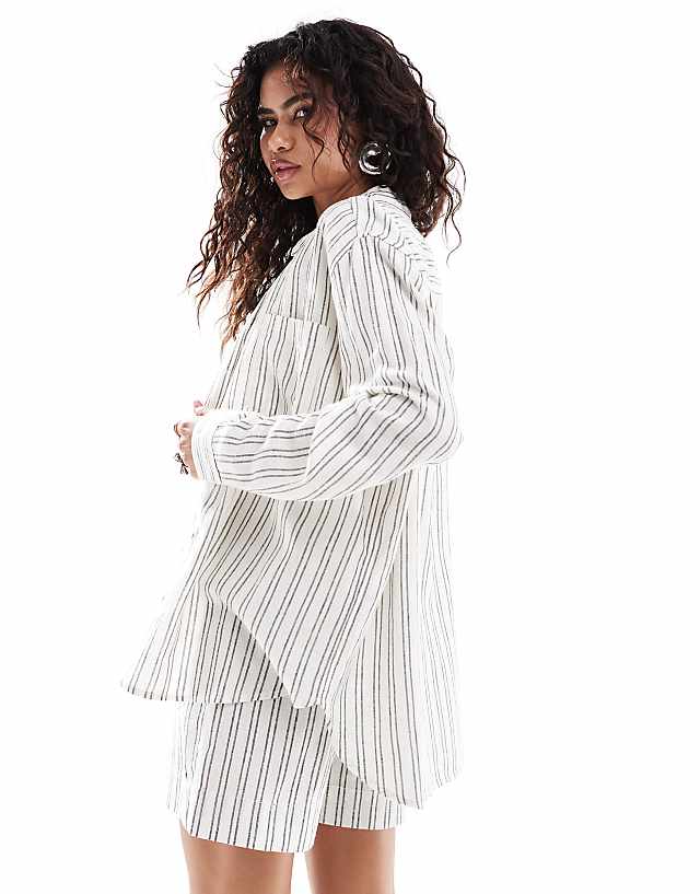 Asos ONLY Linen Mix Oversized Shirt Co-ord In White With Grey Stripe
