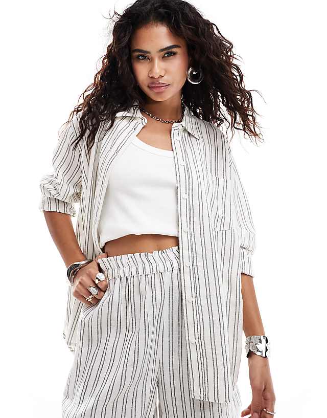 asos ONLY linen mix oversized shirt co-ord in white with grey stripe