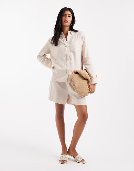 Asos ONLY Linen Mix Oversized Shirt & Trouser Co-ord In Beige
