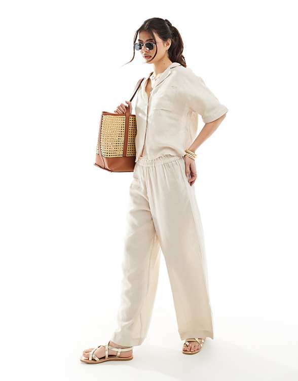 Asos ONLY Linen Mix Oversized Shirt & Trouser Co-ord In Beige