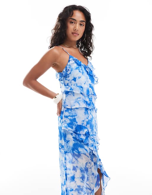 Asos ONLY Ruffle Layer Midaxi Dress In Blue Abstract Print
