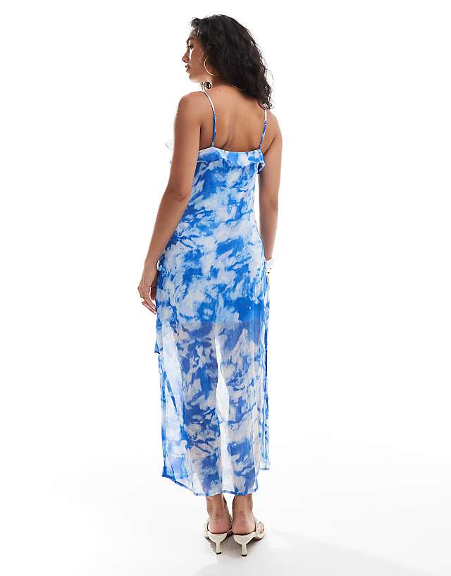 Asos ONLY Ruffle Layer Midaxi Dress In Blue Abstract Print