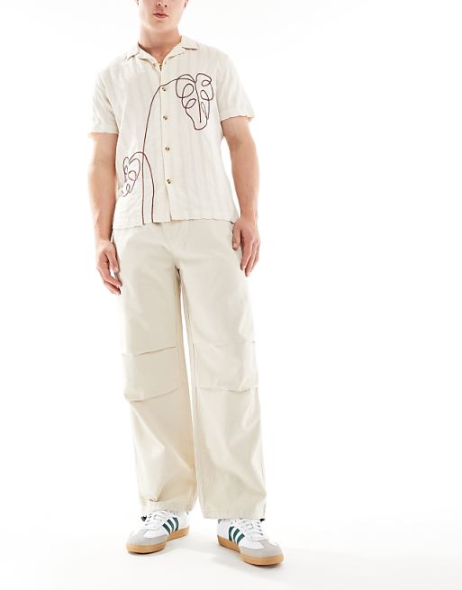 asos ONLY & SONS linen mix baggy trouser with toggles in stone
