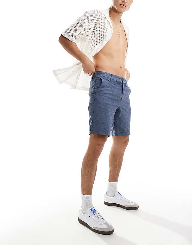 Asos ONLY & SONS Linen Mix Chino Short In Navy Melange