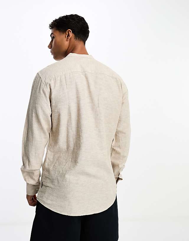 Asos ONLY & SONS Linen Mix Grandad Collar Shirt In Beige