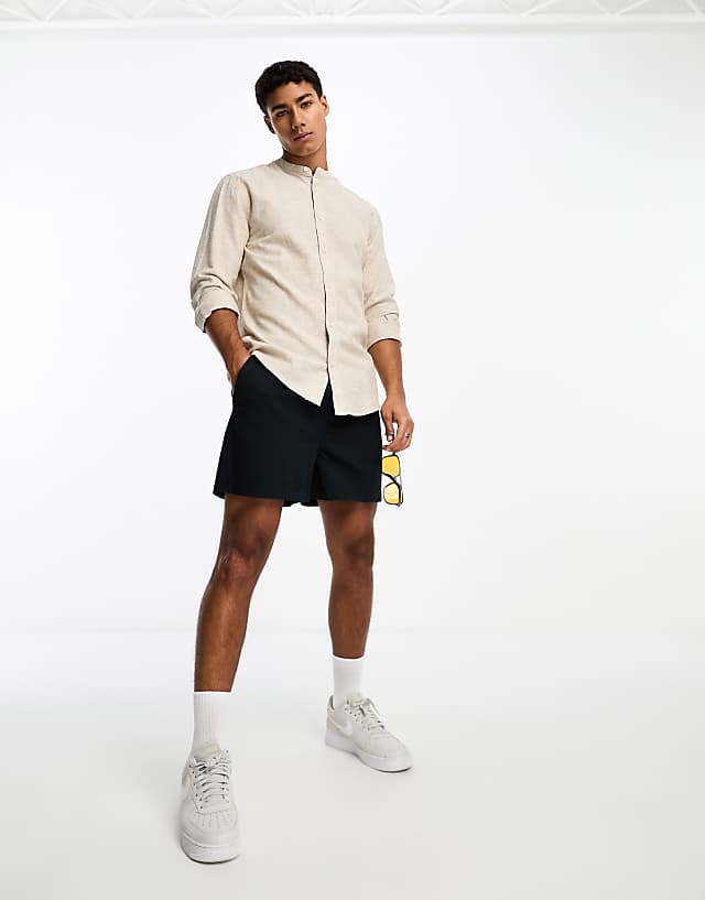 Asos ONLY & SONS Linen Mix Grandad Collar Shirt In Beige